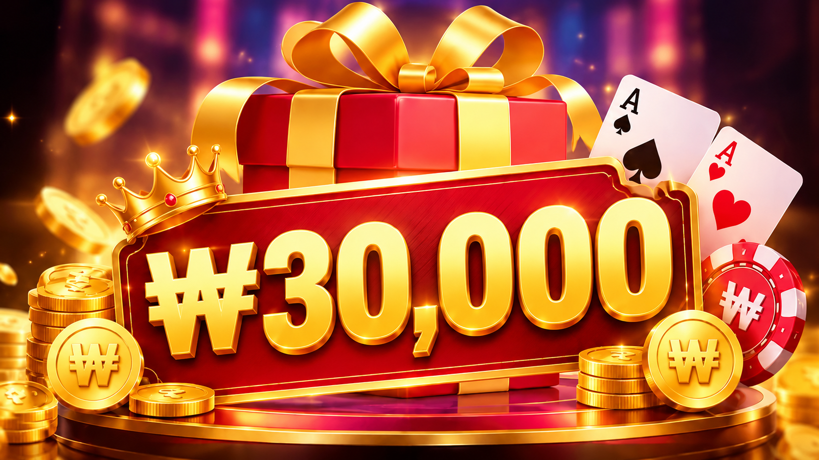 Red gift box and gold ₩418,365 welcome game reward illustration